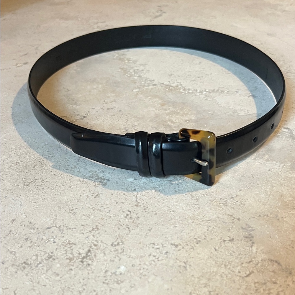 EUC ANN TAYLOR Classic Black Leather Belt Tortoise Shell Buckle 1 inch wide